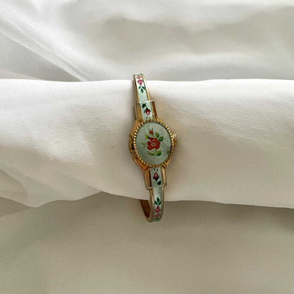 Rare Vintage Curtis Blue/Green Flower Peek-A-Boo Gold Watch